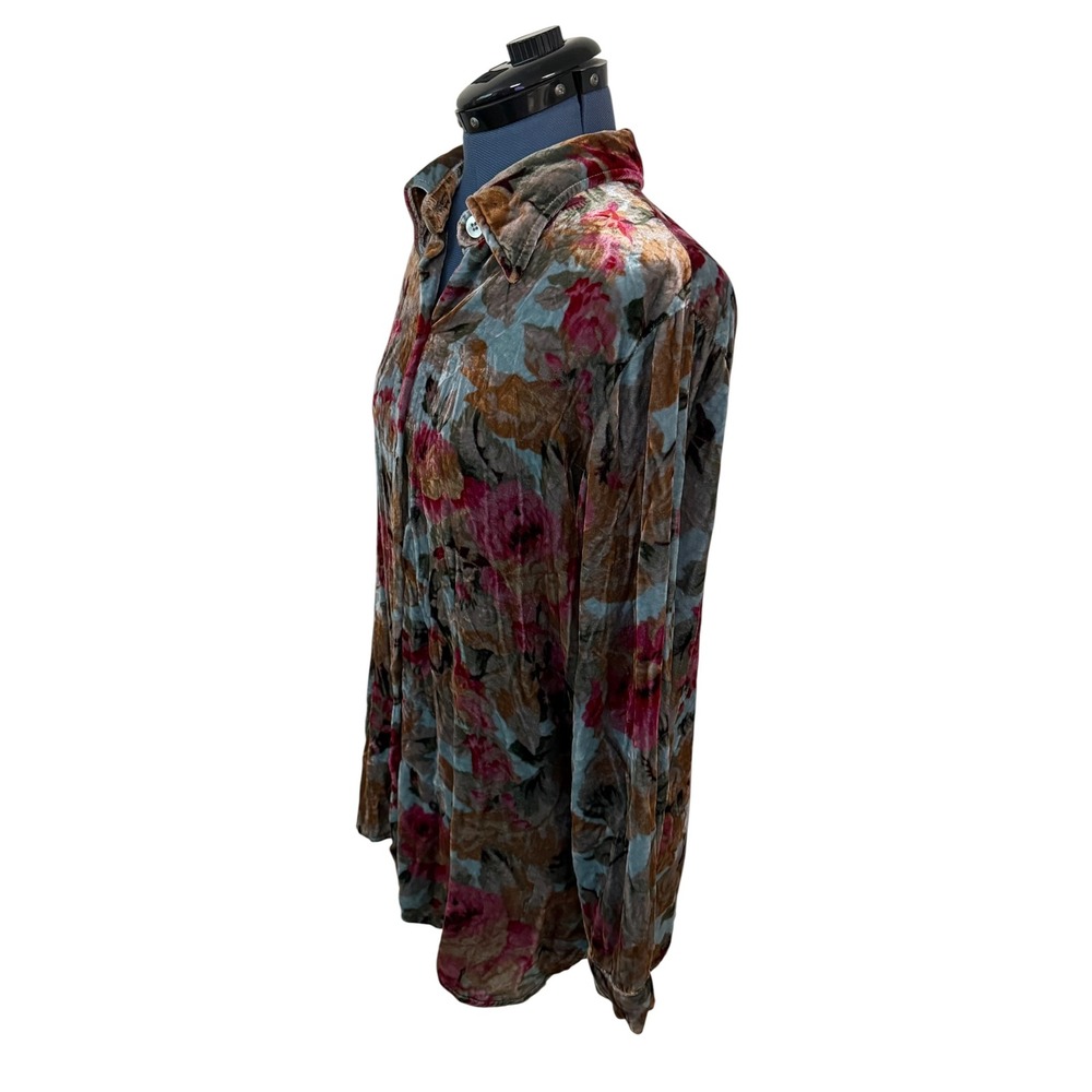 Vtg Soft Surroundings Silk Velvet Blue Pink Floral Button Down Blouse Romantic M - Picture 2 of 10